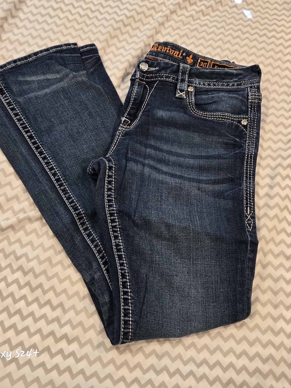 Rock Revival Indigo Easy Boot Jeans with White Contrast Stitching